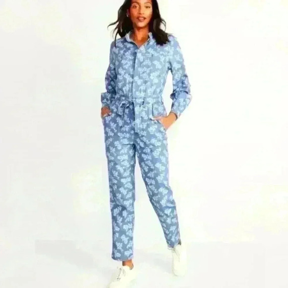 Old Navy Waist defined Floral Utility Non-Stretch Jean Jumpsuit,Size XL Petite - Picture 7 of 8